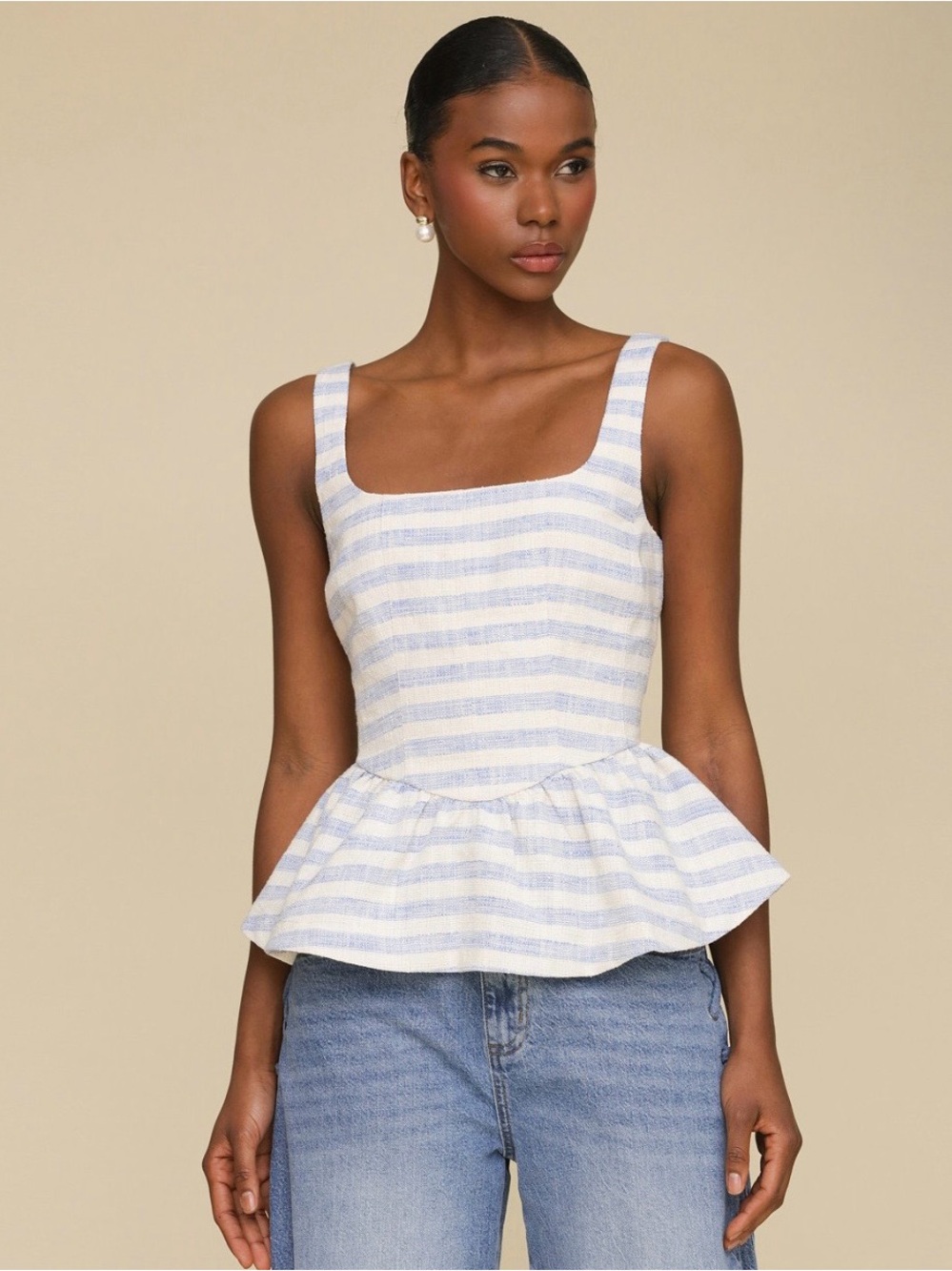 Avec Les Filles Stripe Peplum Tank Top Sage Green White Sleeveless Size L NWT